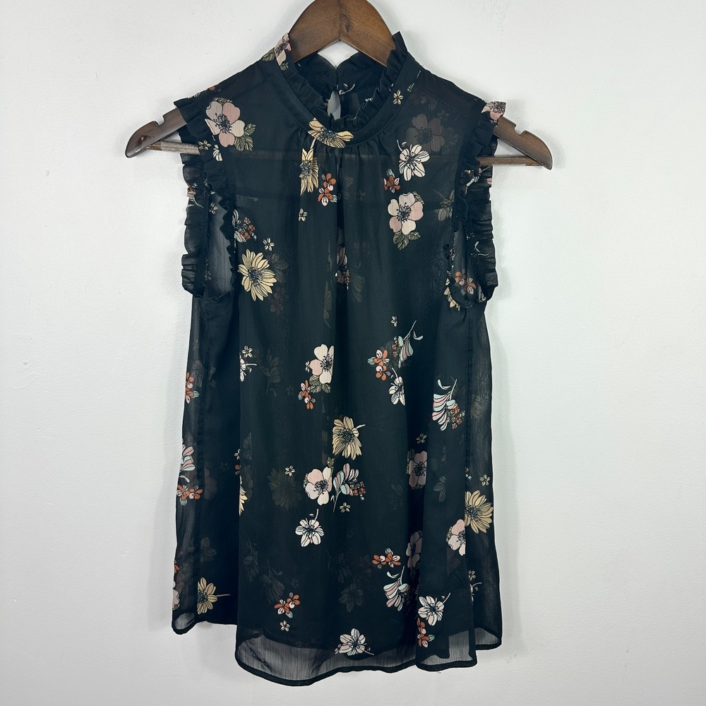 Who What Wear Blouse Womens Small Black Floral Ruffle Mock Neck Sleeveless Top